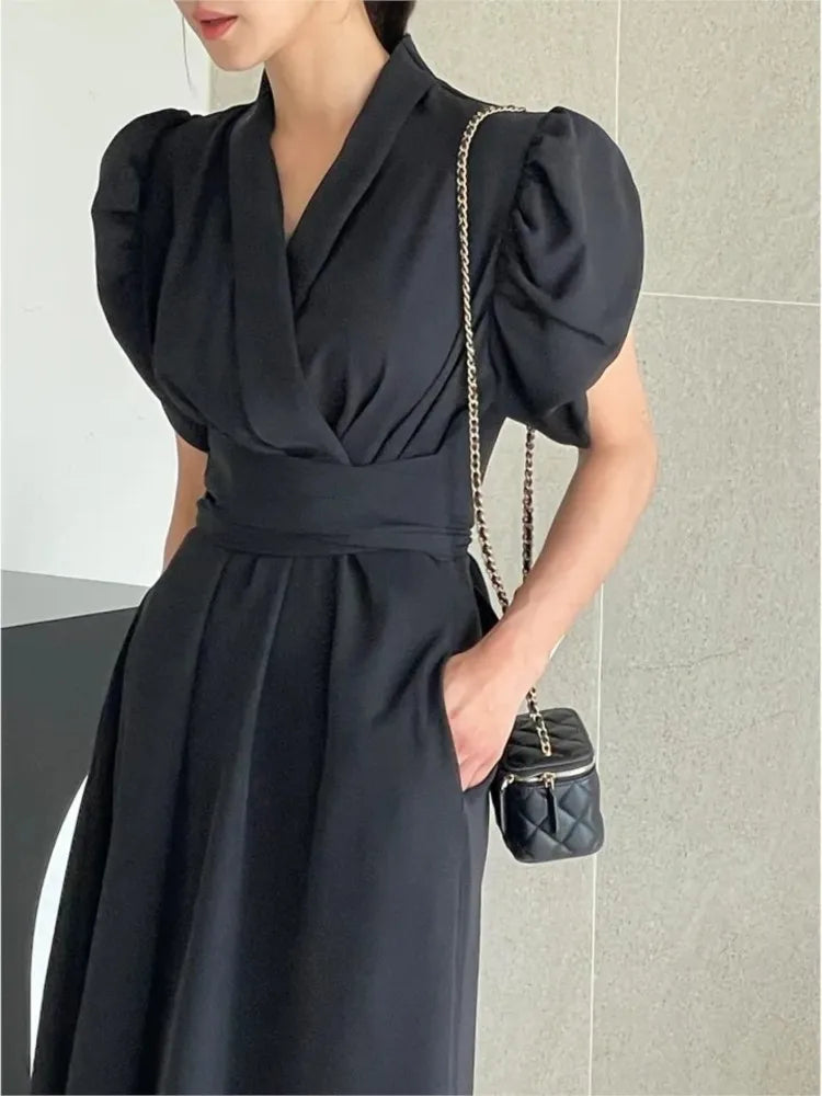 Bürodame Korean Chic Solide Midikleider für Frauen Puffärmel V-Ausschnitt A-Linie Freizeitkleid mit Taschen Neue Vestidos Kleidung