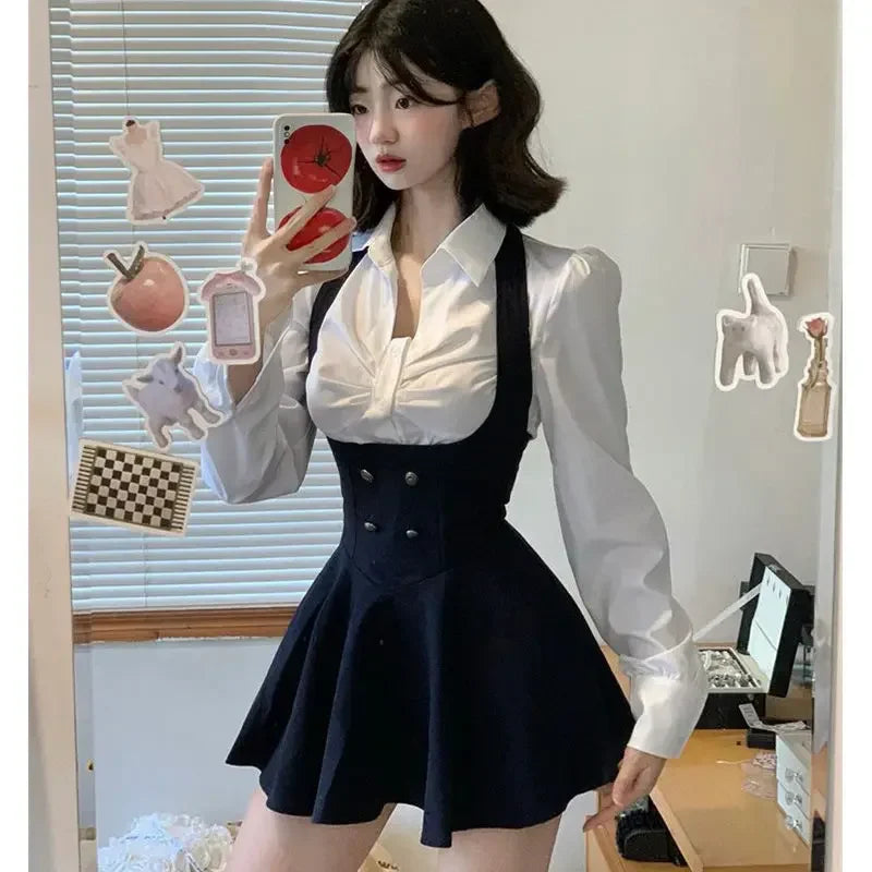 Preppy Style Vintage-Mode Anzug Frau Weißes Hemd + Kurzmantel Hohe Taille Schlank Y2k Minikleid Japanisches Elegantes Set 2025 Chic