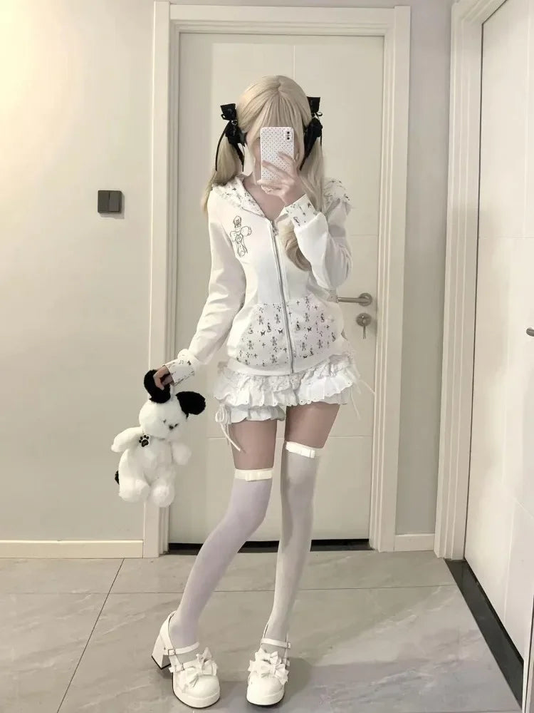 Süße, niedliche Kapuzenjacke mit Kaninchenohren und langen Ärmeln aus Spitze + Y2k-Röcke mit hoher Taille und weißen Kuchen