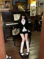 Autumn France Elegant Slim 3-piece Set Women Design Hot Chick Hollow Out Shirt + Long Sleeve Knit Cardigan High Waist Skirt Suit