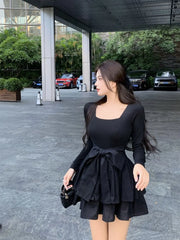 korean style black square neck long sleeved dress for women's spring autumn new bow tie high waisted cake skirt fluffy skirt 752