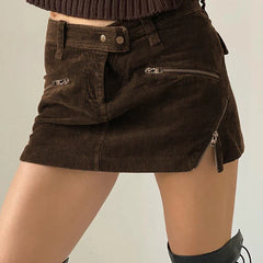 Y2K Fairycore Niedliches Reißverschluss-Design Gerader Rock Preppy Vintage Cord Minirock 00er Ästhetik Harajuku Grunge Streetwear