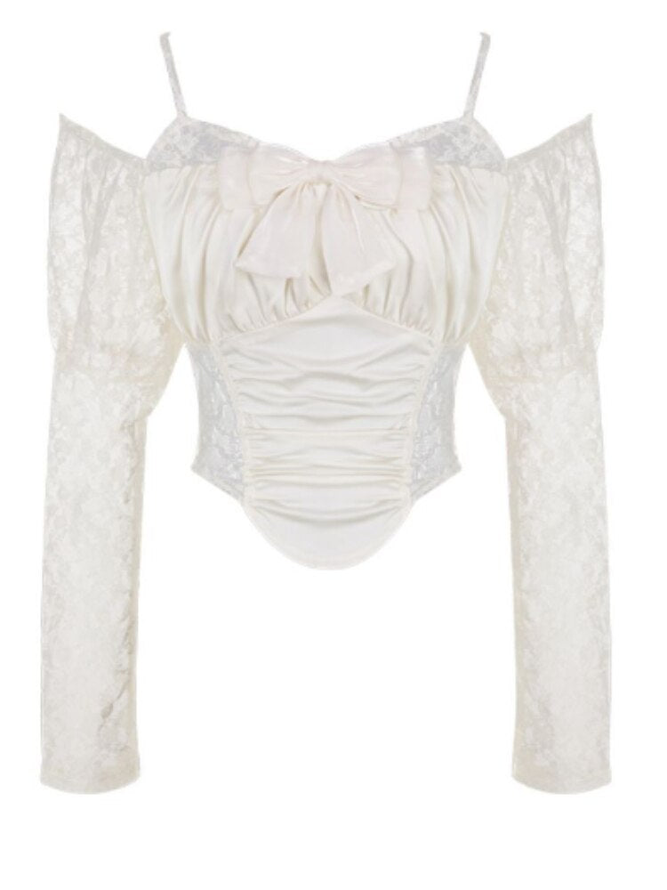 Zweiteiliges Set für Damen, Sommer, süß, elegant, Kuchen-Minirock-Set, Vintage, französischer Kawaii-Rock, weibliche Langarm-Bluse mit schmaler Spitze und Schleife