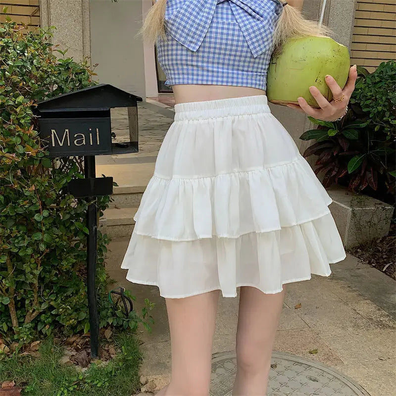 Plissee A-linie Rock Weiß Frauen Rüschen Süße Hottie Adrette Elastische Elastische Taille Schlank Dünn SimpleCasual Sommer Großhandel