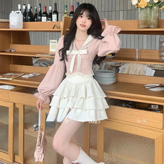 Mode Süße Sailor Kragen Bogen Langarm Tops Frauen + Y2k E-Girl Hohe Taille Rüschen A-linie Röcke Sommer Neue Zwei Stück Sets