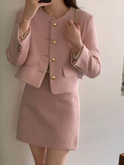 Autumn Winter Elegant Fashion Small Fragrance Tweed Two Piece Set For Women Jacket Coat + Skirt Suits Korean OL 2 Piece Outfits