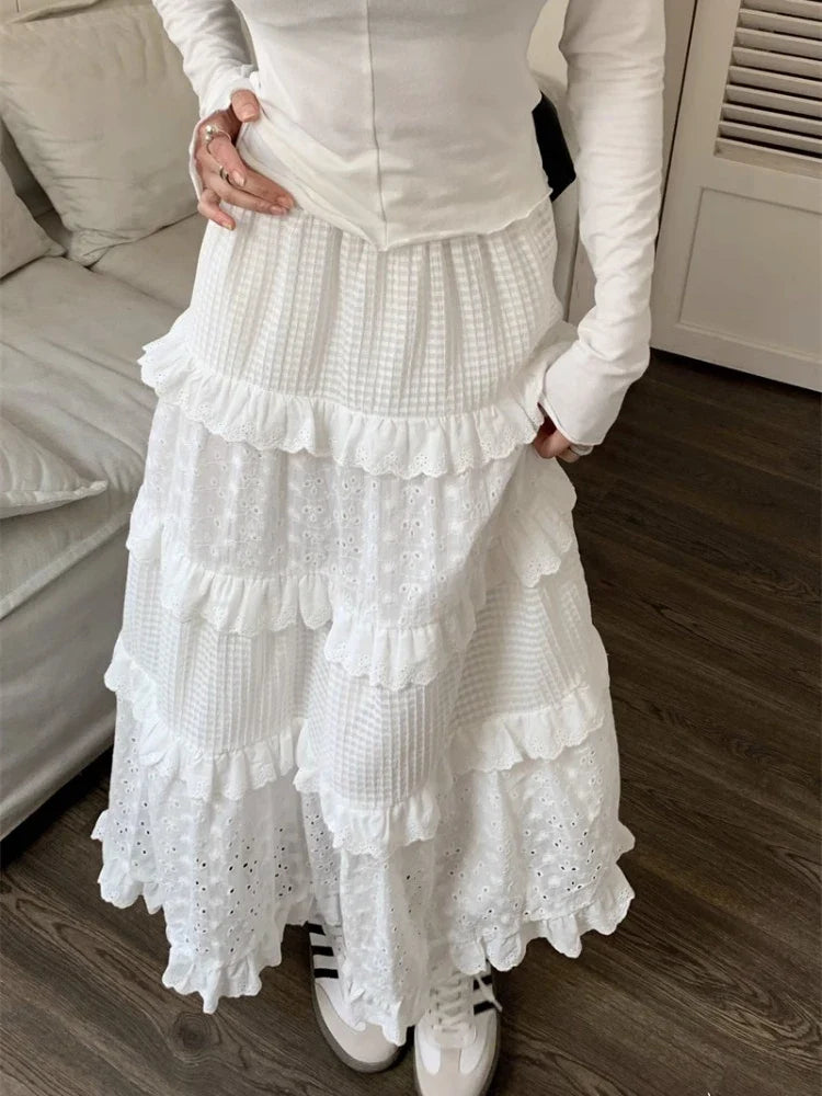 Fairycore Weißer Langer Rock Frauen Cutecore Aushöhlen Haken Floral Patchwork Rüschen Hohe Taille A-linie Maxi Rock Mori Mädchen