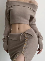 Knitted Skirt Sets Two Piece Off Shoulder Long Sleeve Tops High Waist Mini Skirts 2022 Autumn Matching Set Co-Ord Outfits