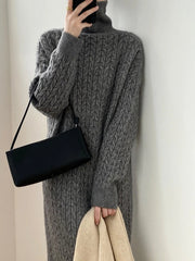 Knitted Long Dress Women Loose Long Sleeve Turtleneck Pullover Femme Retro Elegant Warm Sweater Womens Knitwear Cover Up
