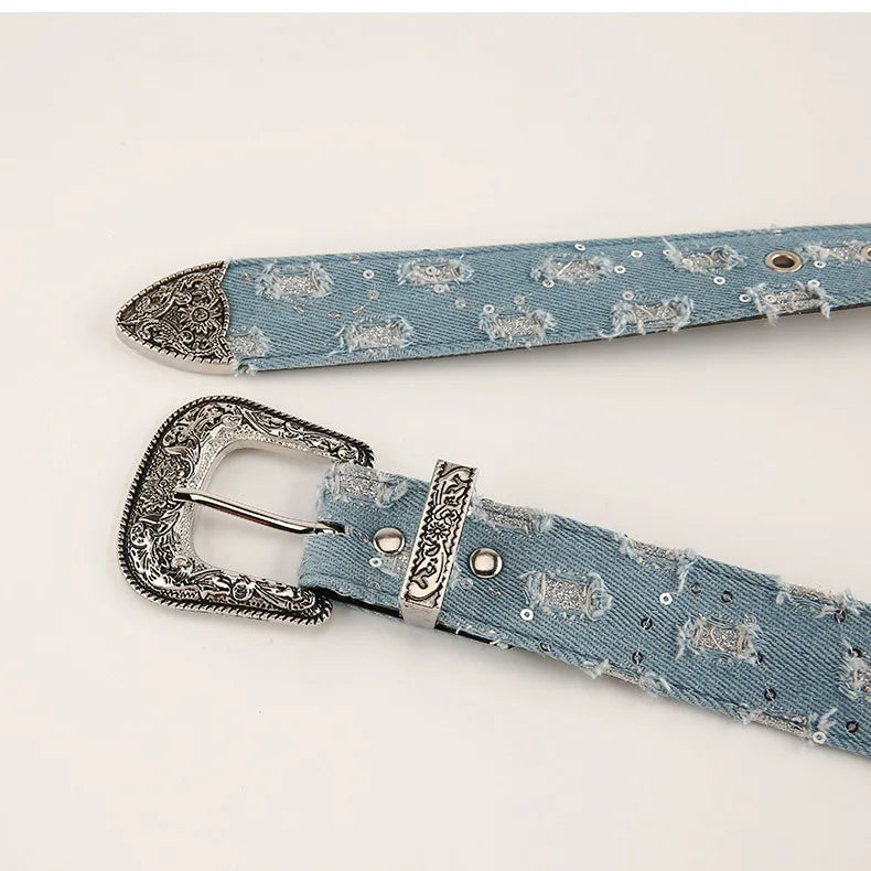 Modischer Vintage-Jeansgürtel in Blau mit Retro-Schnitzmuster und Nadelschnalle, Y2k-Gürtelriemen für Damen, Jeans, Kleiderzubehör