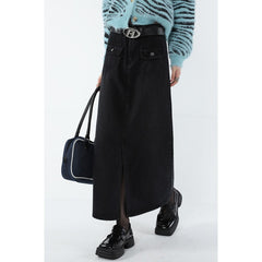 Frauen Schwarz Denim Halbkörper Rock Split Gabel Hohe Taille Casual Koreanische Mode Mittlere Länge Böden Baggy Vintage Weiblichen Langen Rock