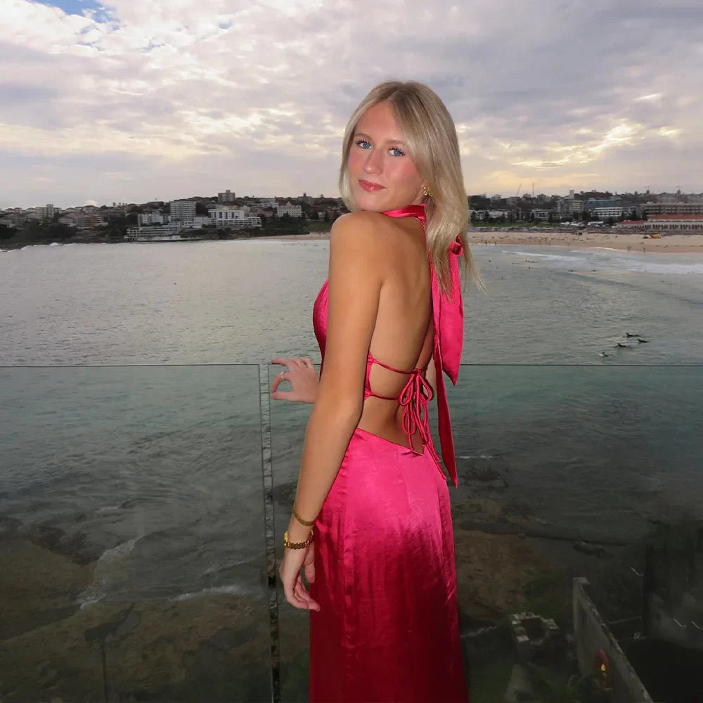 2025 Halter Strap V-Neck Long Dress Women's Sexy Hot Girl Backless Slim Party Dresses Elegant Satin Evening Party Maxi Dress