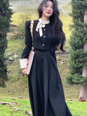 Korean Style Two Piece Set Women Spring Autumn Trend Long Sleve Lace Up Single Breasted top + A-Line Midi Skirt Fashion Female