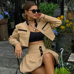 Herbst Neue Nabel Knospe Rock Anzug frauen Revers Langarm Kurze Strickjacke Mode Streetwear Schlank Passenden Sets Weibliche