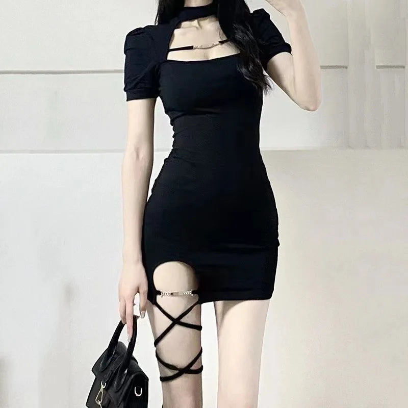 Black Hollow Out Spicy Girl Dress Women's 2025 Summer New Sexy Nightclub Short Sleeved T-shirt Skirt Wrap Hip Short Skirt XGIO