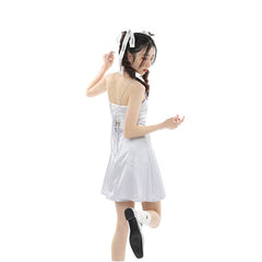 Zurück zur Schule Sommer Silber Damen Trägerkleid Ärmellos High Level Sense Fashion Swinging Collar Straps Satin Kurzrock Kleid
