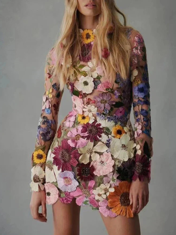 3D Flower Sexy Wrap Hip Dress For Women Slim Long Sleeve Streetwear Vestidos De Mujer 2023 Retro Trend Mini Dresses Woman