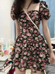Preppy Wind Sweet Spicy Rose Fragmented Flower Dress For Women's Summer 2025 New French Puff Sleeve Short Skirt With Waist 6OA0