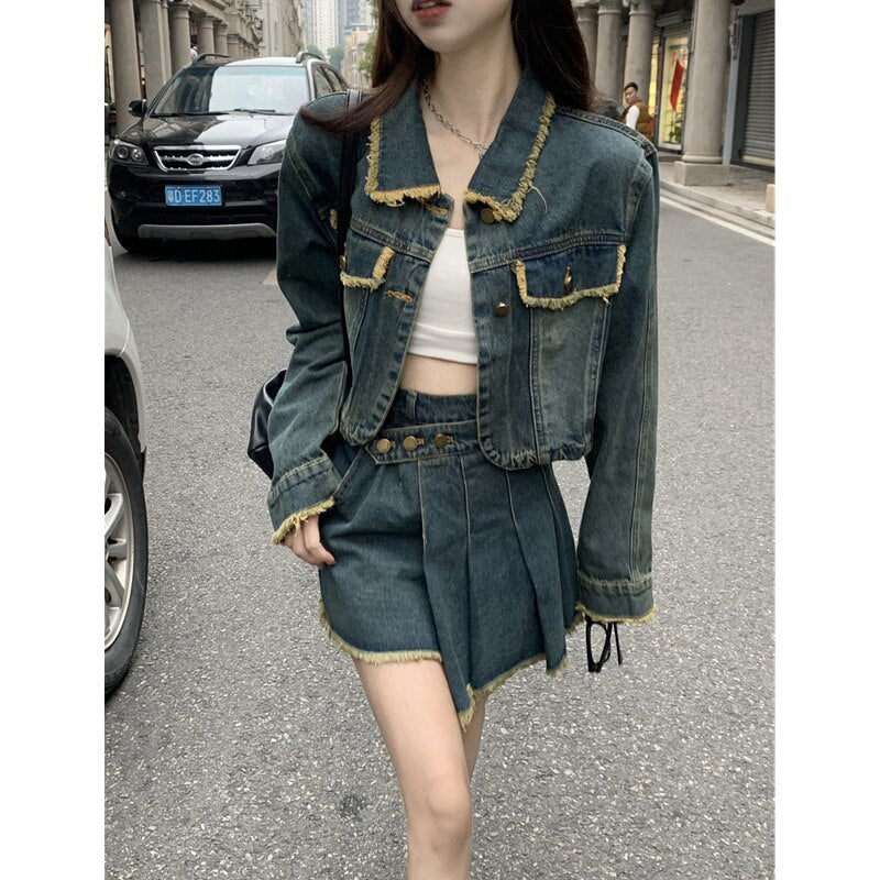 Damen Blaue Jeansjacke Oberbekleidung Einreihig Polokragen Mode Vintage Freizeit Kurzmantel Oberteile Unregelmäßiger Kurzrock Anzug
