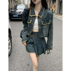 Damen Blaue Jeansjacke Oberbekleidung Einreihig Polokragen Mode Vintage Freizeit Kurzmantel Oberteile Unregelmäßiger Kurzrock Anzug
