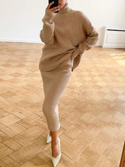 Knitted Skirt Sets Women Autumn Winter Turtleneck Pullover And Pencil Long Skirts Elegant 2 Piece Sets Sweater Outfits