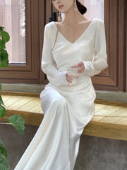 Autumn Satin Long Dresses for Women Wedding Evening Party Dress Prom Robe Solid V-neck Long Sleeves Mermaid One Piece Vestido