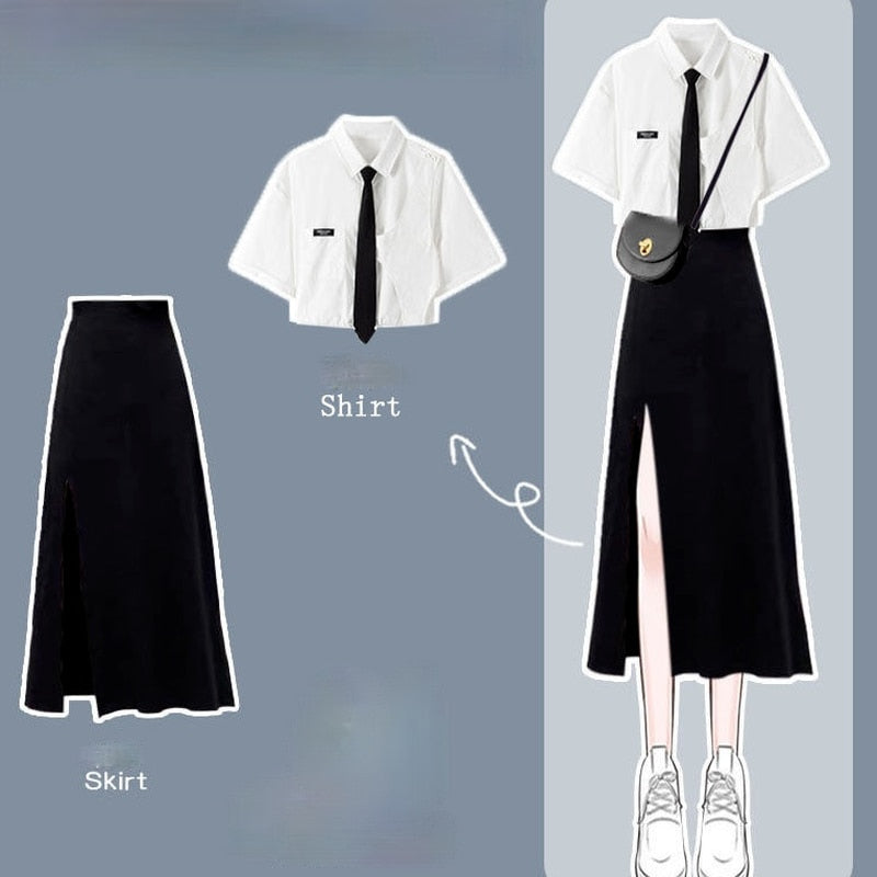 Back to college Women Sets Single Breasted Turn-Down Collar Short Sleeve Shirts Design Asymmetrical Dress Summer Mujer Fashion 2 Piece Outfit