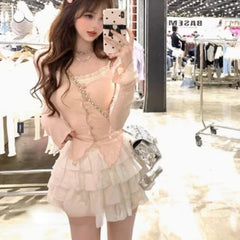 Sweet Gentle Long Sleeve Cardigan Tops Women Sexy Slim Fit Camisole+ High Waist Ruched Cake Skirts 2024 New Three Piece Sets
