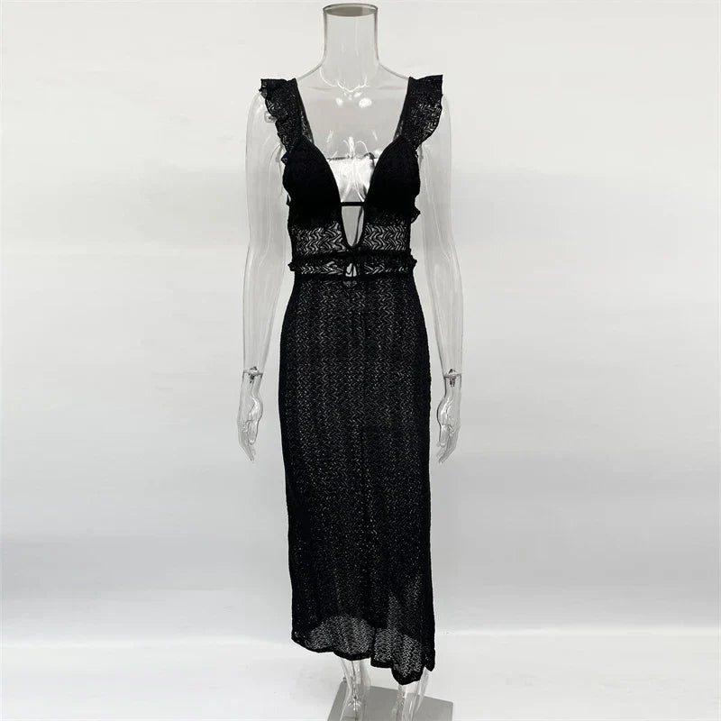 Deep V Neck Sexy Dresses Women Sleeveless See Through High Waist Long Cover Up Dress Femme Holiday Knitted Beach Dress