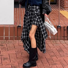 Fashion Vinage Black Plaid Skirts Y2k E-Girl High Waist Lace Uo Skirt for Women 2024 New Irregular All-match Faldas Mujer