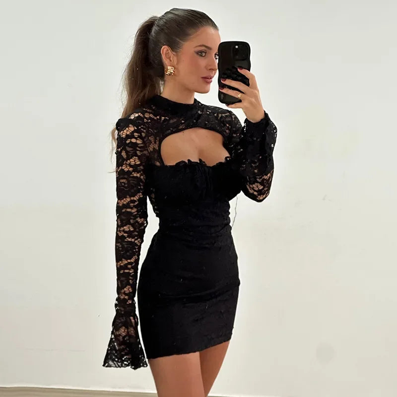 Lace Splice Chest Hollow Dress Women's Tight Waist Sexy Slim Flare Sleeve Mini Dress Solid Elegant Hot Girl Party Outfit