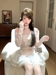 Sweet Butterfly Off Shoulder Long Sleeve Tops Women+ High Waist Ruched Fungus Cake Skirts 2024 Summer New Two Piece Sets