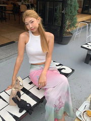 Cartoon Print Long Skirt Summer Kawaii Harajuku Sweet Satin Skirts for Women Casual Fashion Y2k Elegant Ladies Clothes