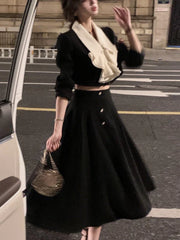Elegantes 2-teiliges Kleiderset für Damen, Langarm-Crop-Tops + lässiger schwarzer Midirock, 2025 Herbst, schlank, Retro, Bürodame, koreanische Anzüge