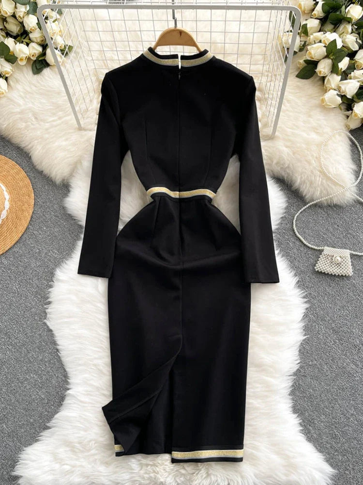 Herbst Winter Neue High-End Luxus Frauen Casual Langarm Korsett Wrap Elegante Lange Kleid Damen Tasche Design Vintage Schwarz Kleid