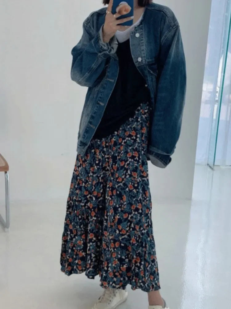 Vintage Blau Blume Drucken Rock für Frauen Sommer Neue Hohe Taille A-linie Röcke Faul Alle-spiel Mid-länge lose Faldas Mujer