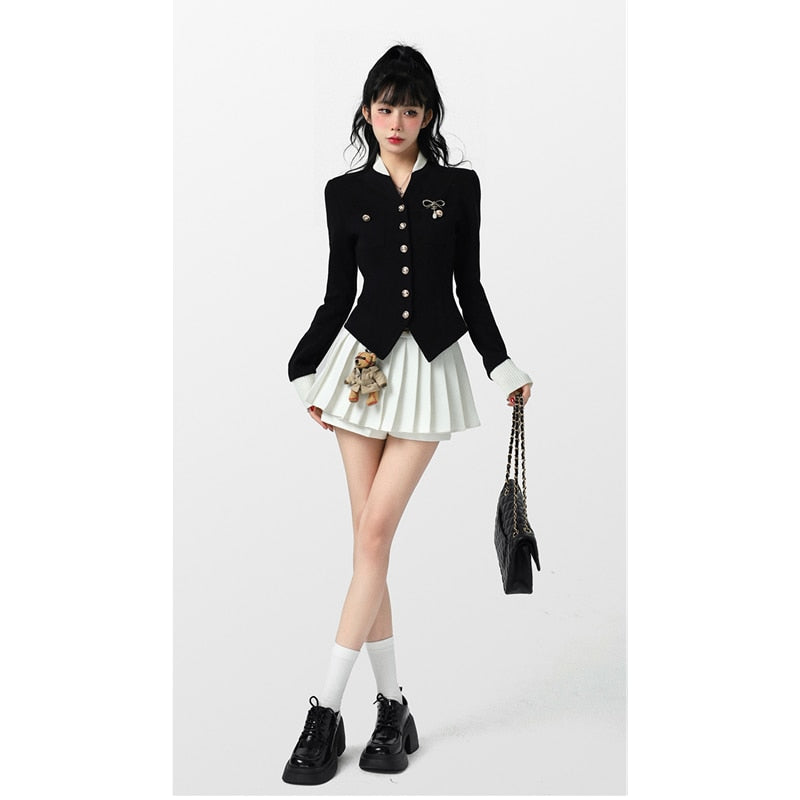 Graduation Gift Black Women's Wool Sweater Cardigan Coat White Pleated Skirt Suit Academic Style Long Sleeve Single Breasted Knitted Sweater