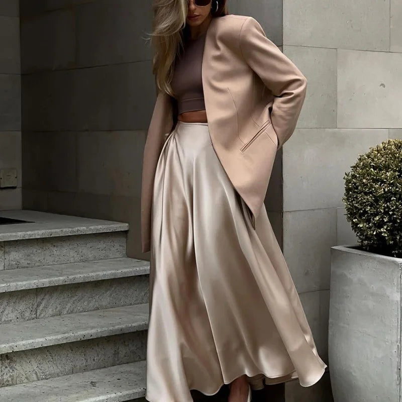 Elegant Satin Loose Women Skirt 2024 High Waist Maxi Skirts Streetwear Classic Long Skirt Fashion Female Black Skirt