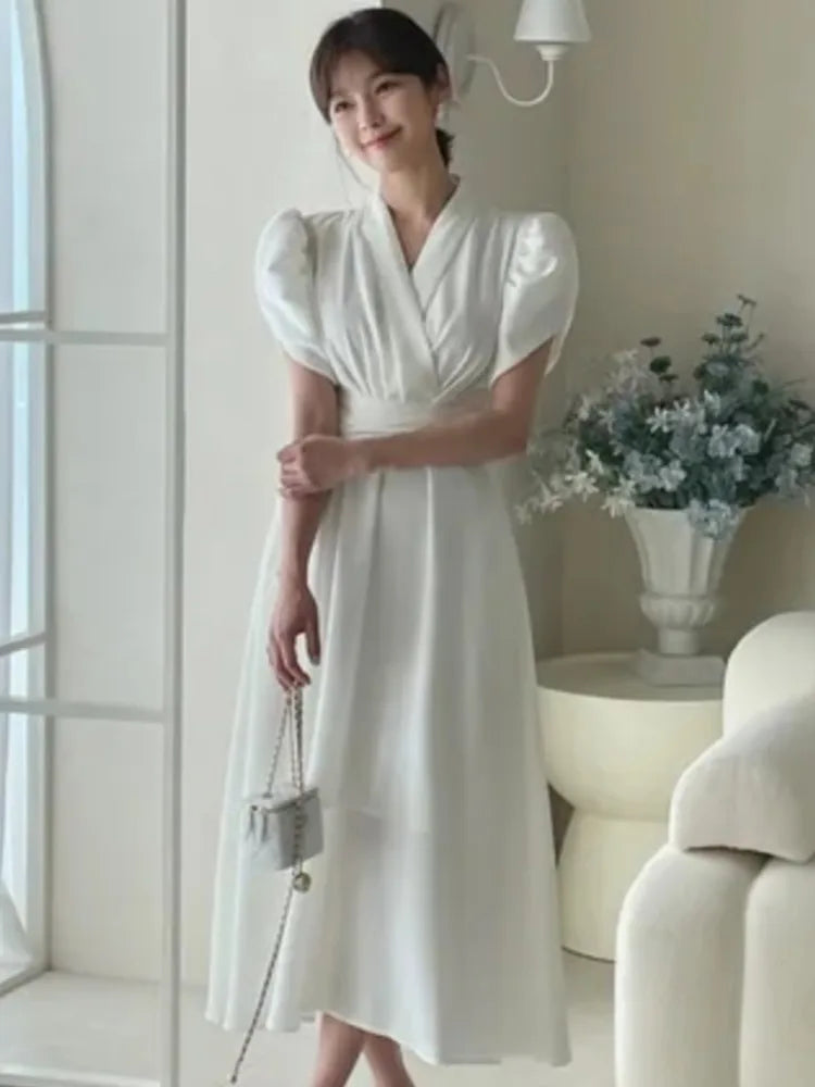 Bürodame Korean Chic Solide Midikleider für Frauen Puffärmel V-Ausschnitt A-Linie Freizeitkleid mit Taschen Neue Vestidos Kleidung