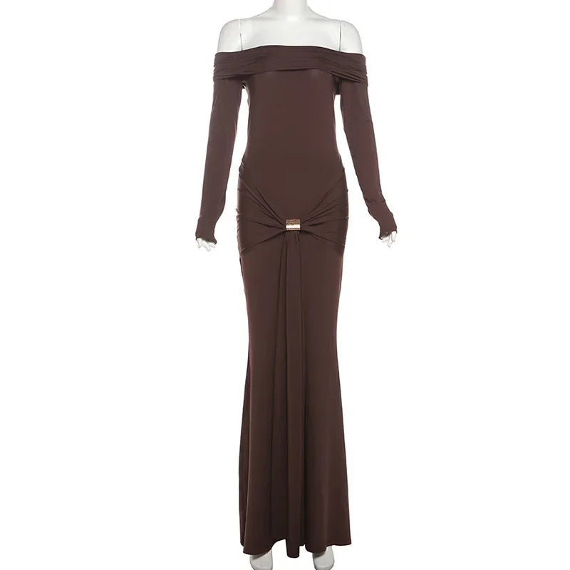 One-Shoulder Long Sleeve Bodycon Dress For Women Tight Elastic Lace Up Maxi Dress Autumn 2025 Fashion Party Club Vestidos