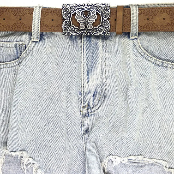 2025 Gothic Pu Leder Print Retro Gemusterte Schmetterling Schnalle Y2k Gürtel Bund Damen Jeans Kleid Zubehör