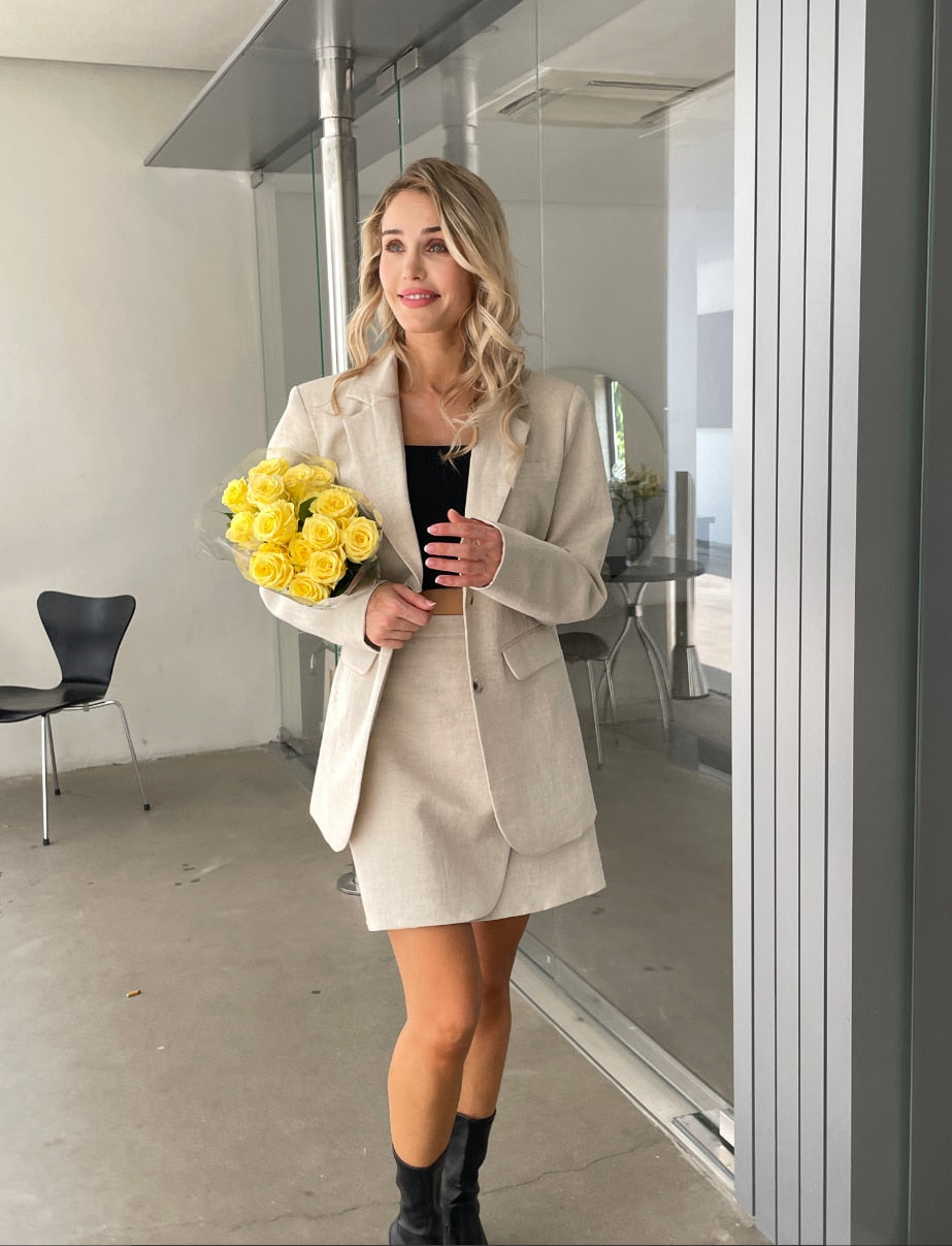 2023 Damenmode Leinen Baumwolle Blazer Rock Anzug Lässige weibliche Kleidung Set