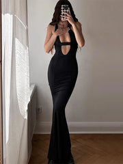 Deep V Neck Dress For Women 2023 Summer Sleeveless Hollow Out Dresses Women's Backless Black Sexy Slim Vestido Femme New