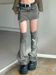 American Retro Stripe Patchwork Denim Skirts Y2k Irregular High Waist Skirt for Women+ Leg Warmer Spring New Two Piece Sets