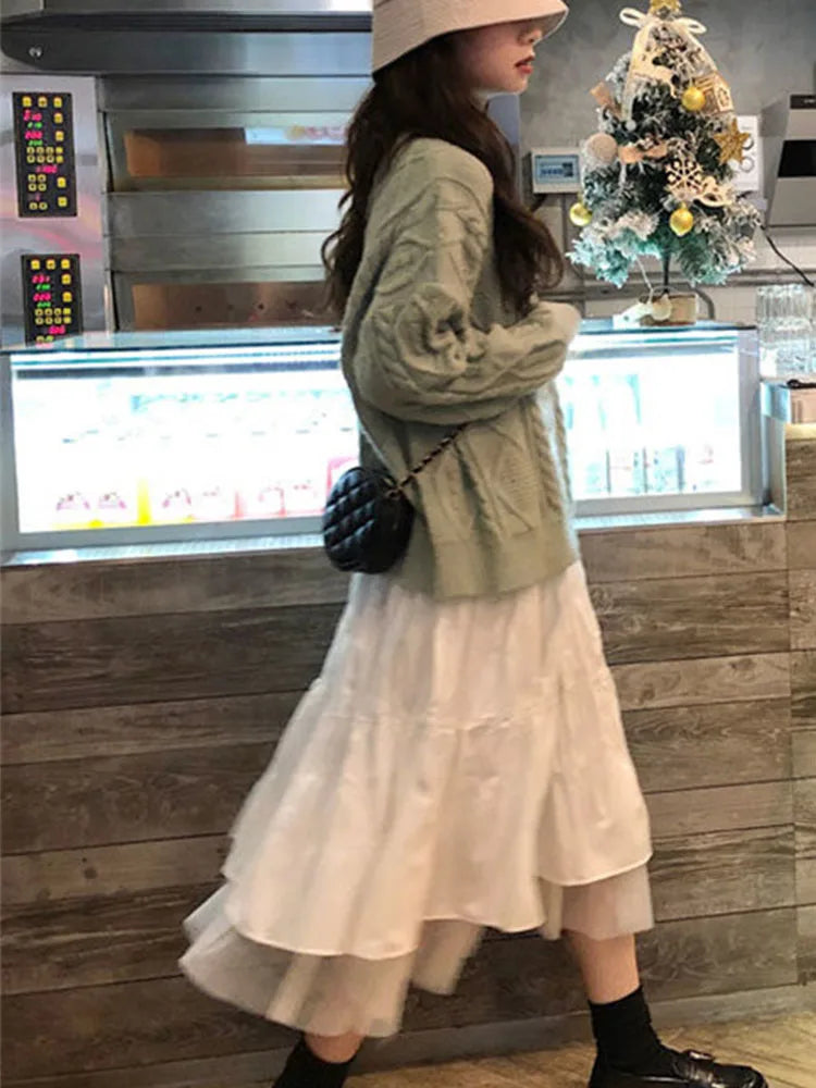 Long Tulle Midi Skirts Womens 2024 Autumn Elastic High Waist Mesh Tutu Pleated Skirts Female Black White Long Skirt Streetwear