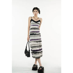 Zurück zur Schule Damen Streifen Strickkleid Frühling Neues langes Hosenträgerkleid Rock Europa und Amerika Mode Streetwear V-Ausschnitt Damenkleid