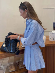 Fashion Blue Striped Print Suit For Women Elegant Long Sleeve Button Crop Tops And High Waist Pleated Skirts 2 Pieces Set