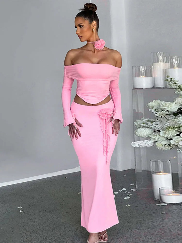 Flower Bodycon Skirt Sets Women Slim Sexy Backless Lace Up Tops Women's Party Elegant Dress 2 Piece Womens Suits Outfits