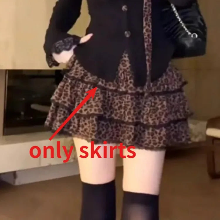 Fashion Simple Two Piece Long Sleeve Tops Women+ Y2k Vintage Leopard Ruched Skirts 2024 Early Utumn New Two Piece Sets