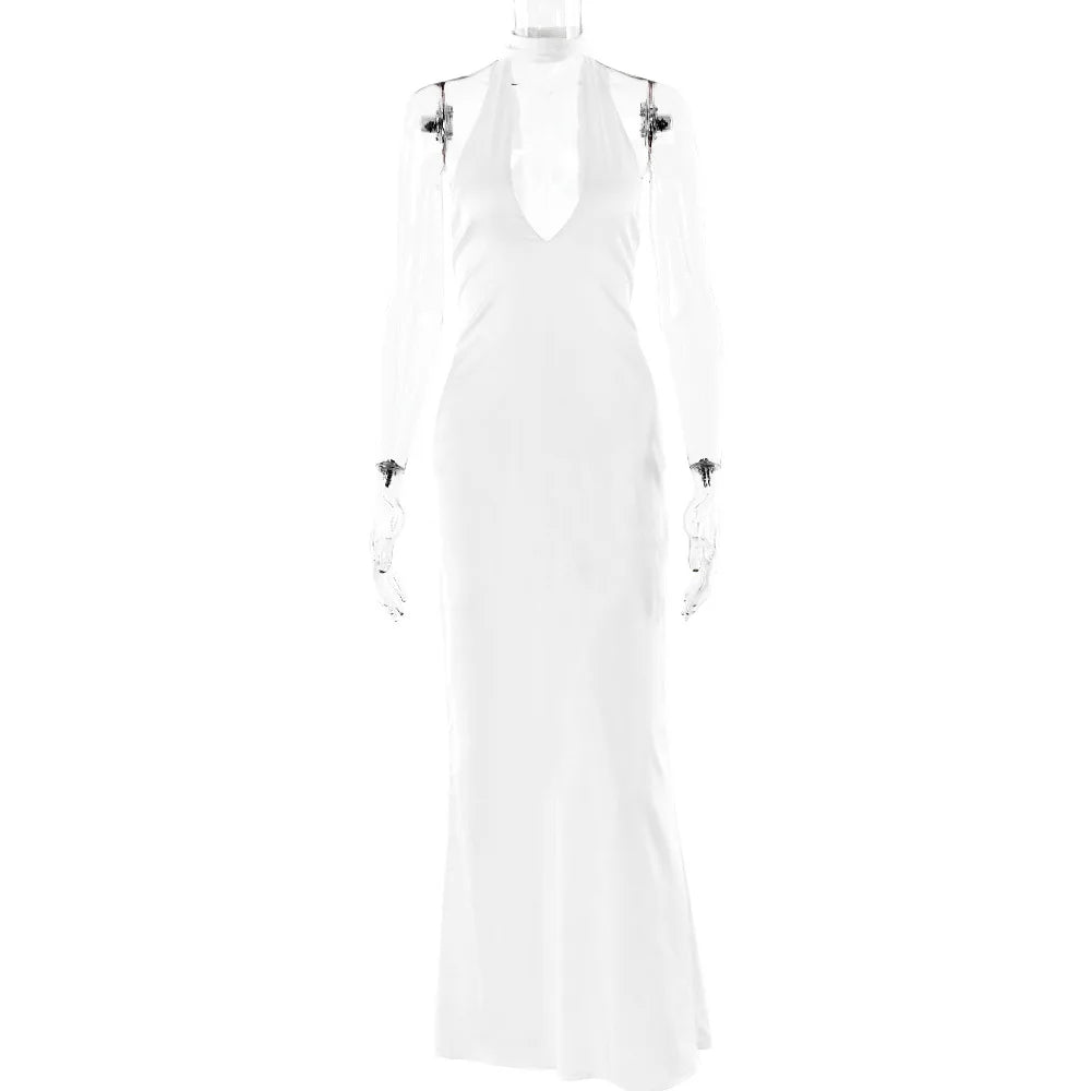 2025 Halter Strap V-Neck Long Dress Women's Sexy Hot Girl Backless Slim Party Dresses Elegant Satin Evening Party Maxi Dress